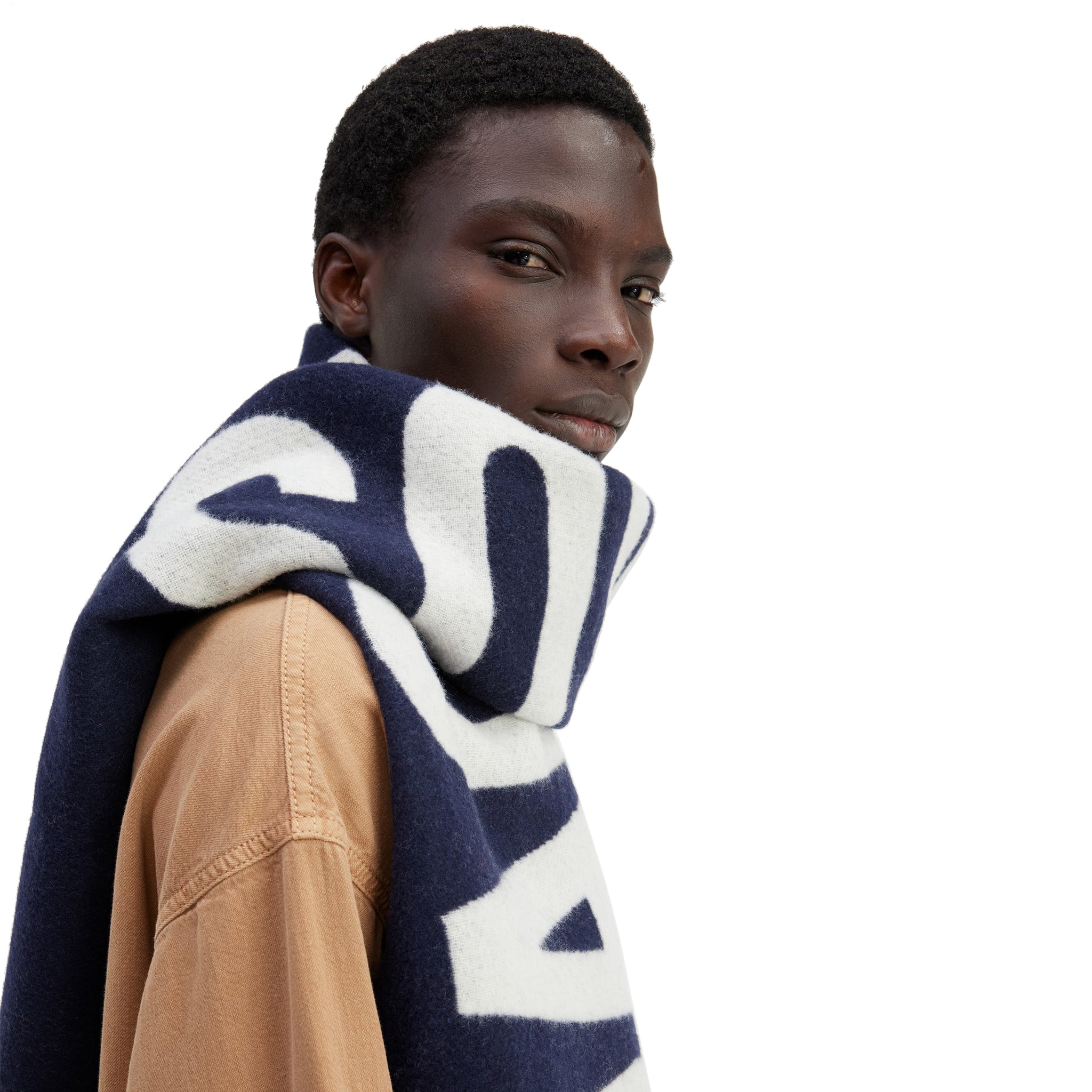 Model view of Jacquemus L'echarpe Fringe Logo Navy Scarf